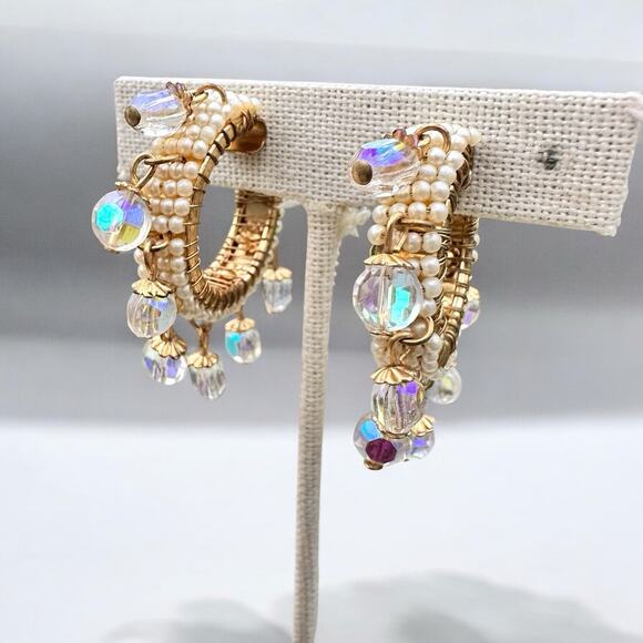 Vintage Miriam Haskell Hoop Earrings Faux Pearls & AB Crystal Drops 1969s Hoops - Picture 9 of 10